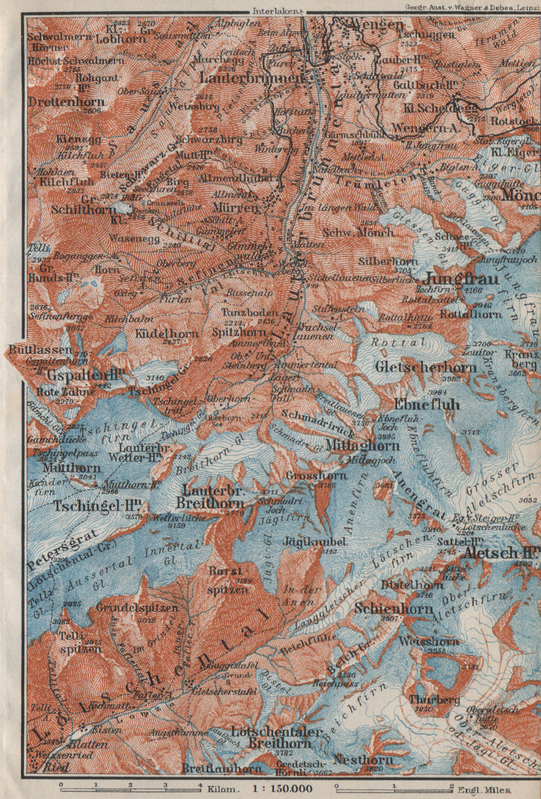 UPPER LAUTERBRUNNEN VALLEY/WALL. Mürren Grosshorn Breithorn Jungfrau 1911 map